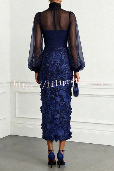 Tanie Tulle High Neck Long Lantern Sleeve 3D Floral Appliqués Hem Midi Dress