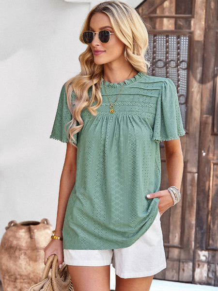 Women's T-Shirts Casual Solid Color Hollow Round Neck T-Shirt