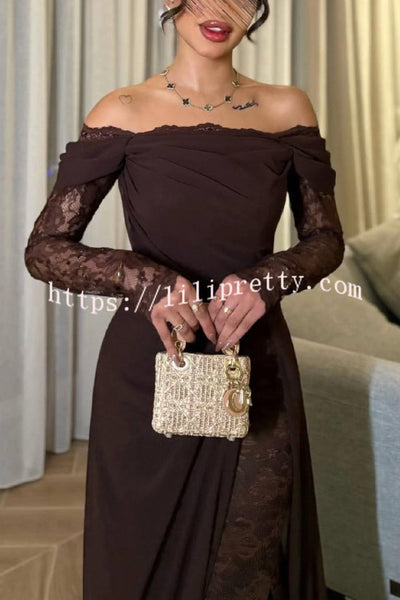 Elegant Patchwork Lace Off-shoulder Long-sleeved Slim-fit Maxi Dress
