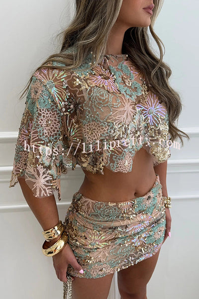 Fashionable Embroidered Flower Sequined Crop Top and Hip-hugging Mini Skirt Set