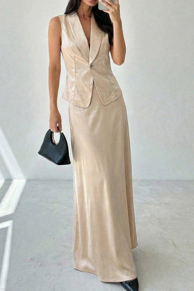 Satin Solid Color Sleeveless Button-down Vest and Elegant Draped Maxi Skirt Set