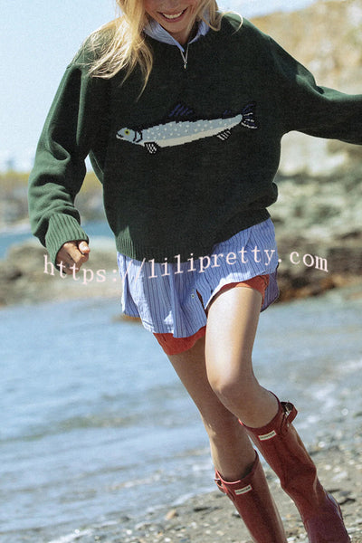 Fashionable Fish Pattern Round Neck Loose Knitted Sweater