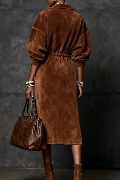Stylish Suede Lapel Zipper Waist Tie Casual Midi Dress