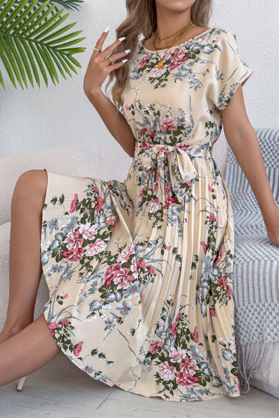 Floral Print Round Neck Fitted Waist Tie Pleated Midi Dress