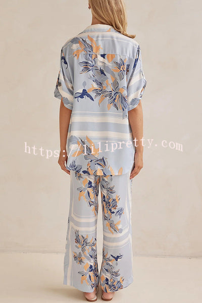 Fashionable Plant Print Loose Lapel Short Sleeve Shirt and Casual Elastic Waist Pocket Pants Set