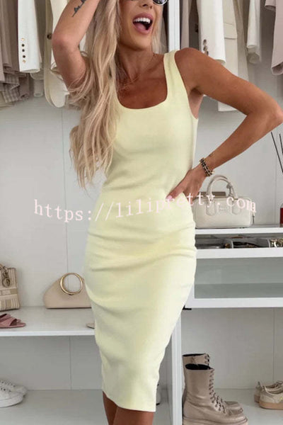 Comfort and Femininity Knit Ribbed Tank Slit Stretch Midi Dress