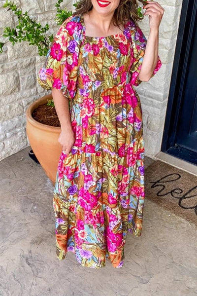 Tropical Floral Puff Sleeve Smocked Tiered Maxi Dress