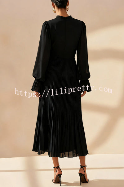 Solid Color Round Neck Long Sleeve Fitted Waist Pleated Ruffle Midi Dress