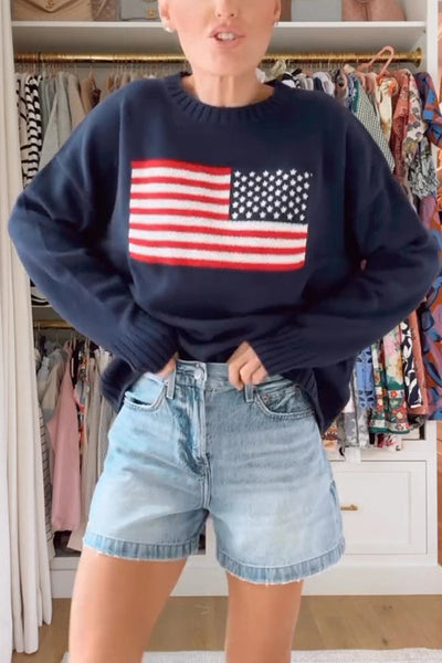 Flag Pattern Knitted Casual Crewneck Long Sleeve Sweater