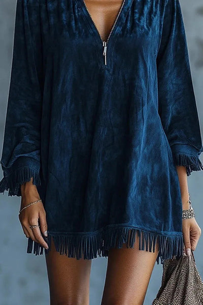 Solid Color Loose Hooded Zip-up Casual Long-sleeved Tassel Hem Mini Dress