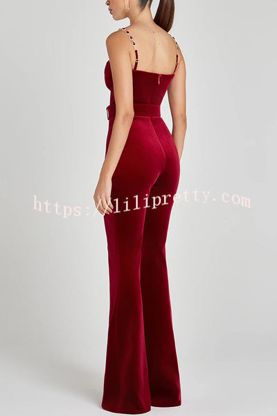 Eliza Luxurious Velvet Fabric Jewel-embellished Shoulder Straps Belted Flare Jumpsuit