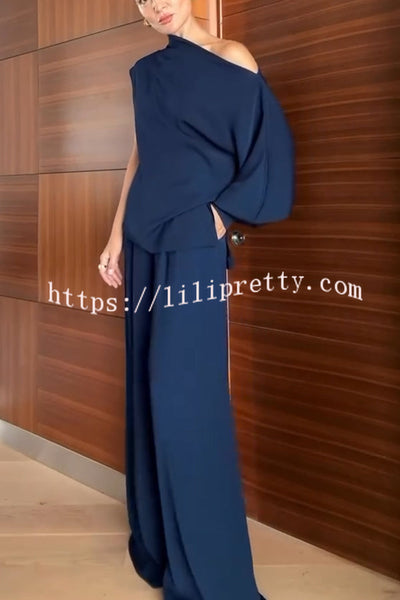Cleo One Shoulder Irregular Balloon Sleeve Top and High Rise Pleated Button Waist Pocket Loose Pants Set