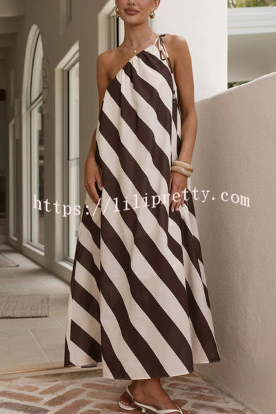 Fashionable Striped Print Loose One-shoulder Tie Vacation Maxi Dress