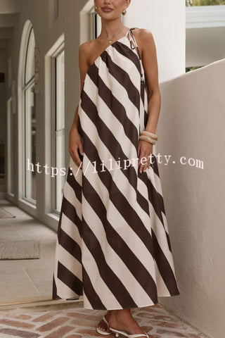 Fashionable Striped Print Loose One-shoulder Tie Vacation Maxi Dress
