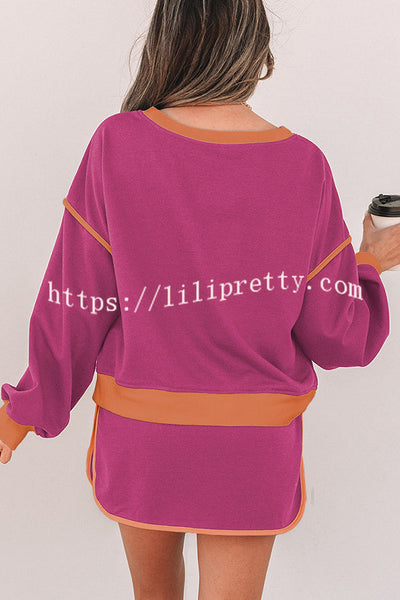 Fashion Round Neck Long Sleeve Spliced Casual Top and Elastic Waist Loose Shorts Set