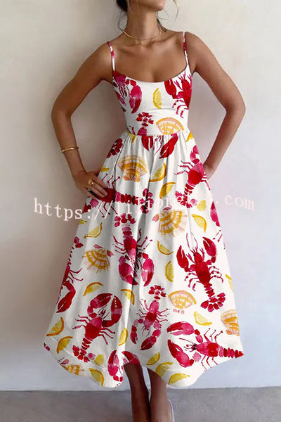 Summer Colorful Unique Printed Sexy Suspender Slim Midi Dress