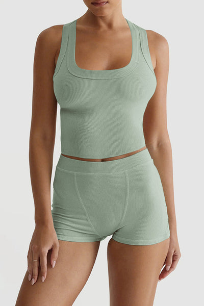 Fashionable Sports Yoga Style Sleeveless Square Neck Top and Elastic Slim Shorts Set