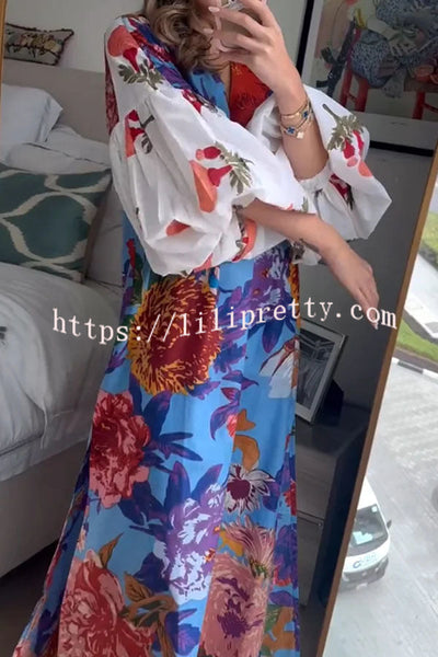Jaylah Linen Blend Unique Print Contrast Color Puff Sleeve Maxi Dress