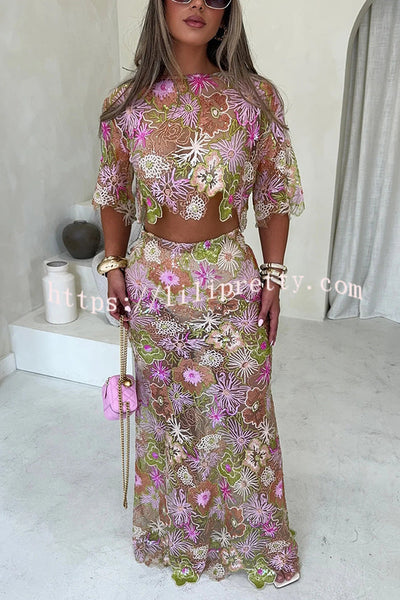 Fashionable Embroidered Flower Sequined Crop Top and Elegant Sheer Maxi Skirt Set
