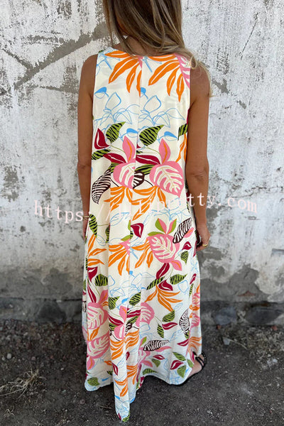 Botanical Print V-Neck Pocket Loose Casual Maxi Dress
