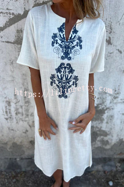 Embroidered Pattern V-neck Short-sleeved Loose Midi Dress
