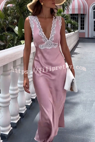 Elevate Your Elegance Satin Lace Trim Back Tie-up Midi Dress