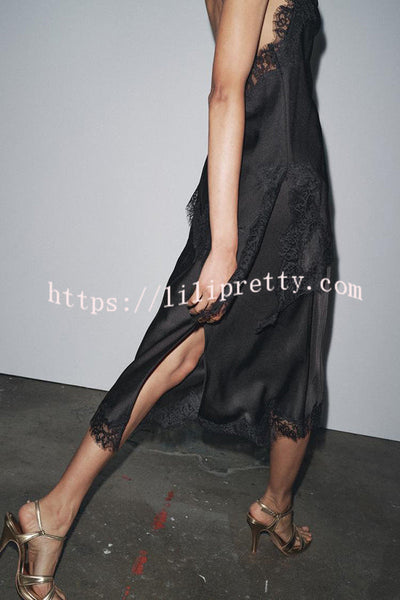Dolly Satin Lace Trim Mid Rise Slit Drape Midi Skirt