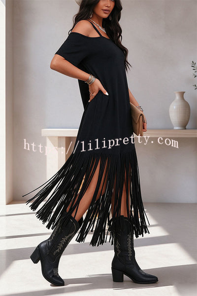 Edgy Cold Shoulder Tassel Detail Maxi Dress