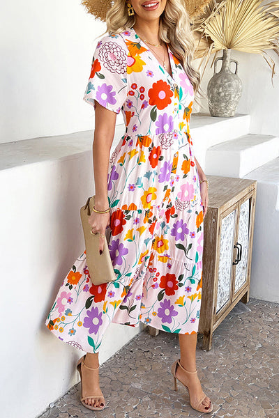 Bohemian Resort Style Print Casual Short Sleeve Button Midi Dress