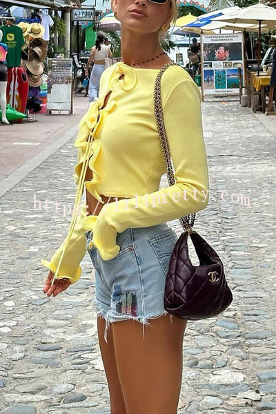 Fashion Ruffled Long-sleeved Tie-cropped Knitted Cardigan