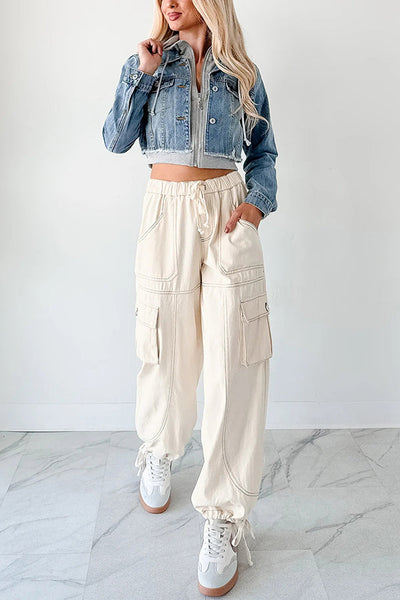 Fashionable Patchwork Hooded Casual Long-sleeved Denim Jacket