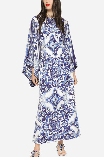 Blue and White Porcelain Print Loose Slit Maxi Dress