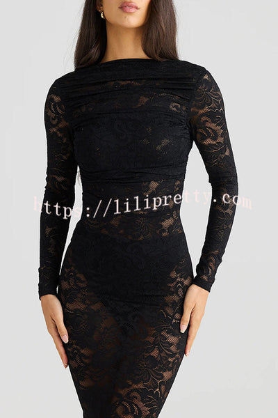Timeless Lace High Gathered Neck Long Sleeve Backless Ruched Stretch Maxi Dress