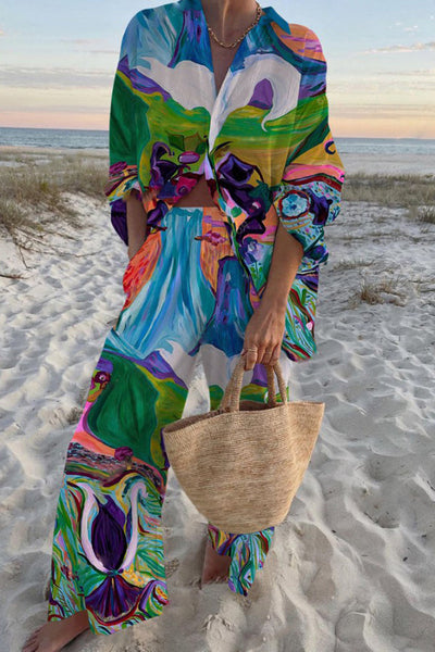 Abstract Oil Painting Print Oversized Shirt and Elastic Waist Pocket Pants Set