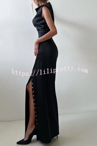 Solid Color Casual Sleeveless Crop Top and Elegant Button-down Maxi Skirt Set