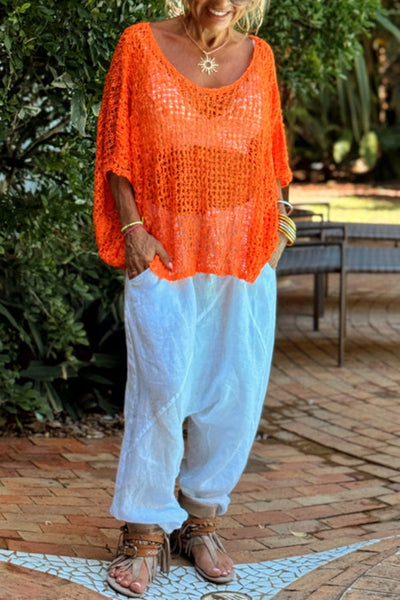 Solid Color Loose-fitting Openwork Casual Knitted Cover-up Top