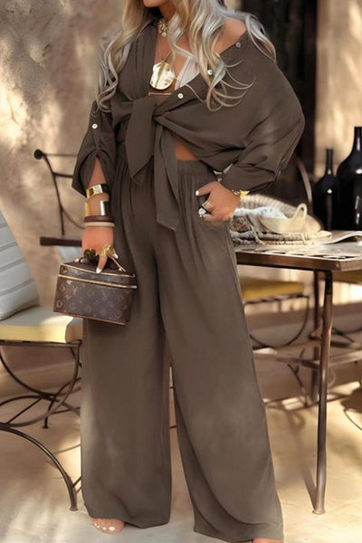 Solid Color Loose Long-sleeved Shirt and Elastic Waist Casual Pocket Wide-leg Pants Set
