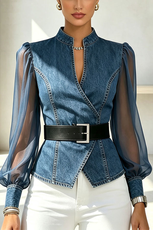 Faux Denim & Sheer Tulle Sculpted Crossover Blouse