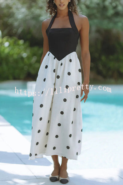 Kai Linen Blend Colorblock Polka Dot Print Halter Pocketed Midi Dress