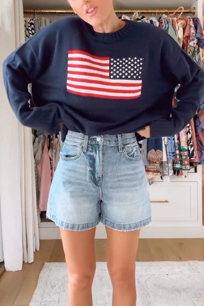 Flag Pattern Knitted Casual Crewneck Long Sleeve Sweater