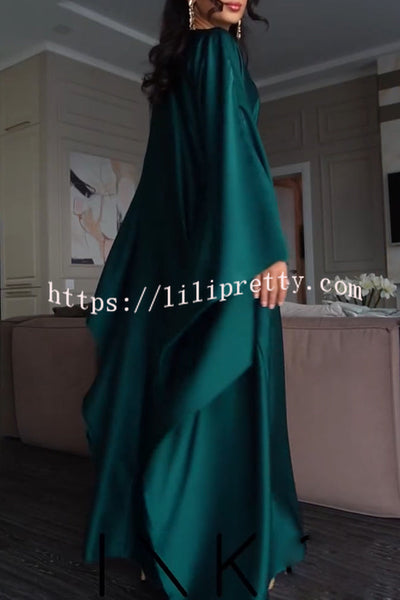 Dignified and Elegant Satin Batwing Sleeve with Waist Tie Design A-line Maxi Dress
