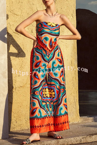 Ethnic Style Unique Print Tube Top and Elastic Waist Casual Pocket Wide Leg Pants Set