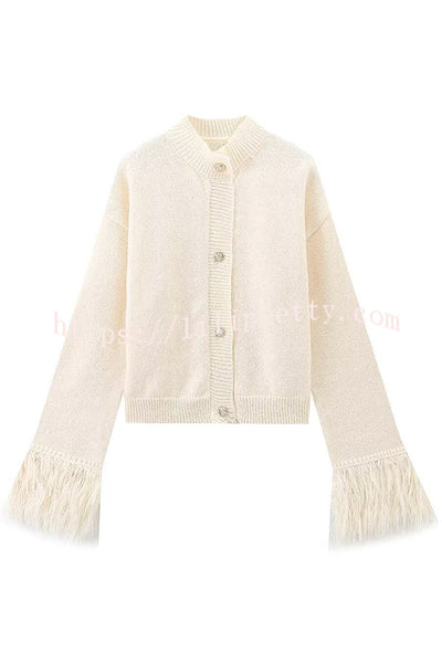 Solid Color Elegant Feather Long Sleeve Casual Knitted Cardigan