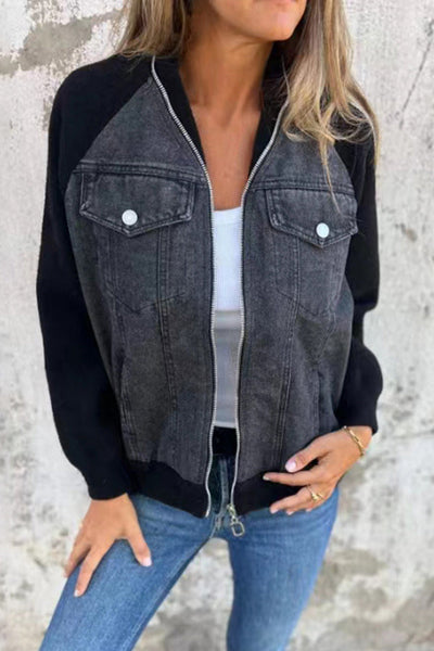 Fashion Denim Stitching Zipper Pocket Casual Jacket