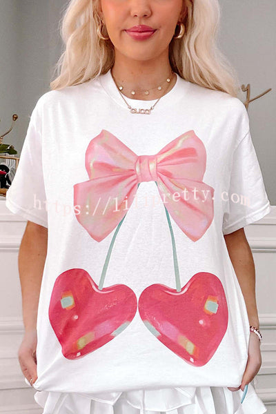 Cherry Bow Print Loose Casual Short Sleeve T-shirt