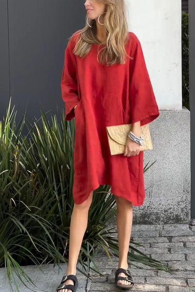 Linen Blend Solid Loose Casual Pocket Mini Dress