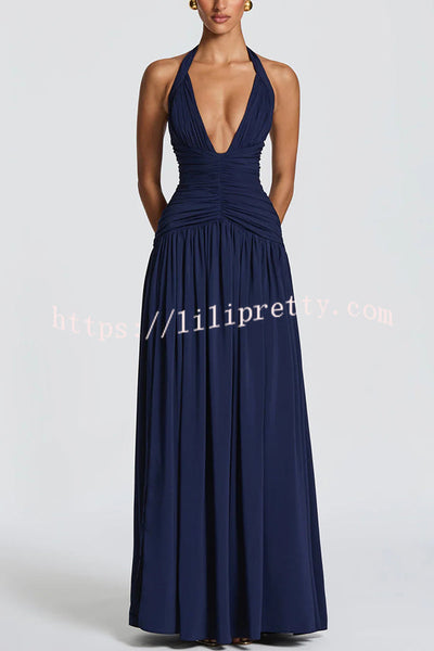 Amaris Halter Tie-up V-neck Ruched Detail Back Lace-up Slit Drape Maxi Dress