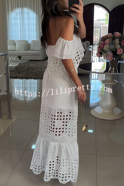 Valia Crochet Cutout Lace Off Shoulder Top and Elastic Waist A-line Maxi Skirt Set