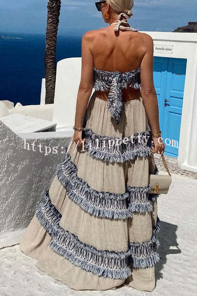 Ultimate Island Linen Blend Fringed Patchwork Cutout Halter Maxi Dress
