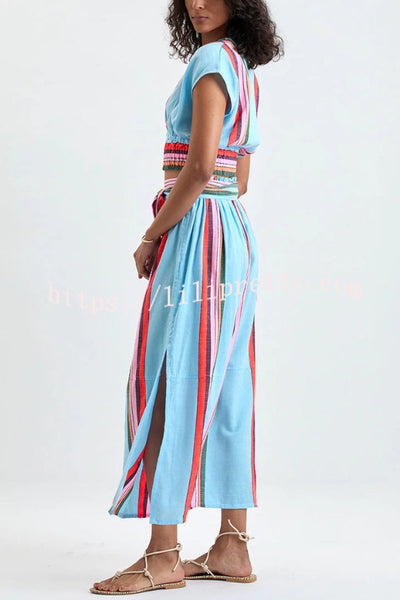Stylish Striped Print V-neck Cropped Top and Elastic Waist Casual Maxi Skirt Set
